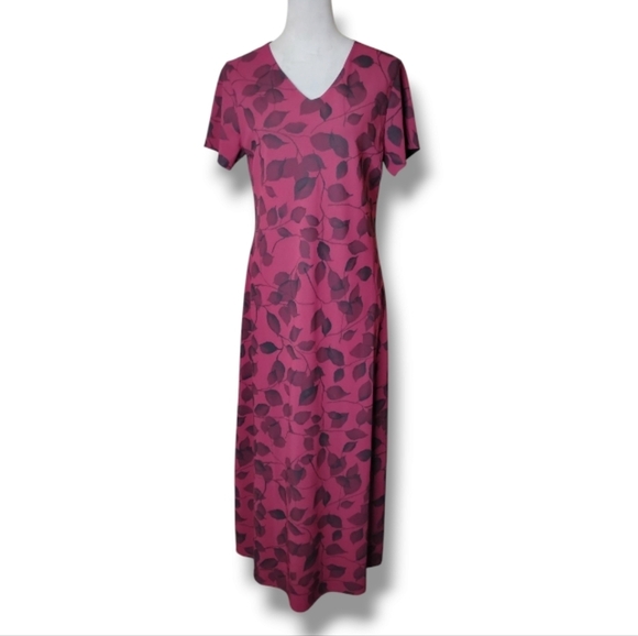 90s Travelsmith Maxi Dress Burgundy Leaf Print Fall Cottagecore Preppy Sz M - Picture 2 of 8